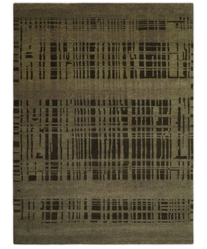 Modern Stripes Design Charcoal and Greenish Brown 6x8 Hand knotted wool area Rug