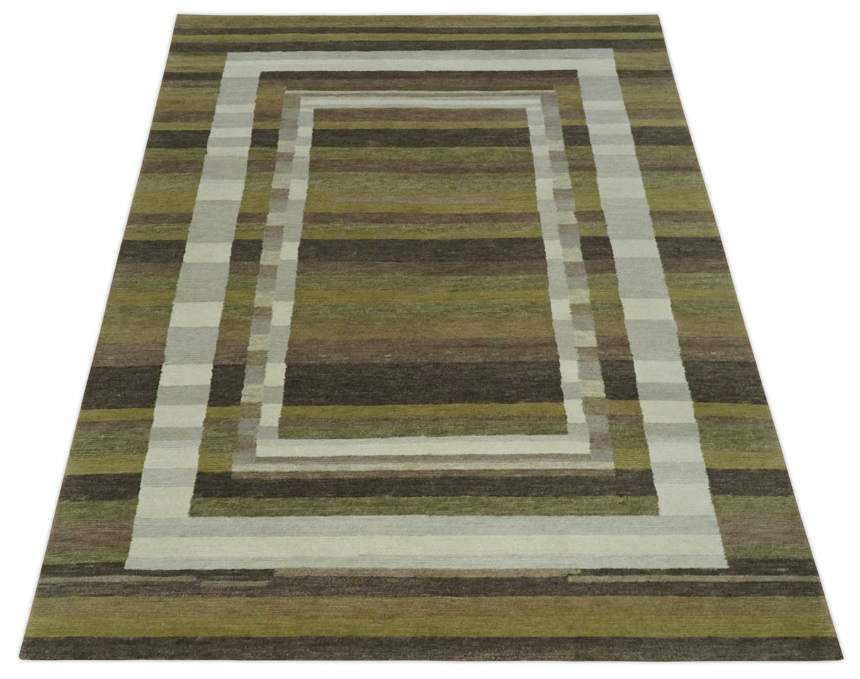 Modern Stripes Design Olive, Charcoal, Ivory and Gray Hand loom 5x7 wool Area Rug