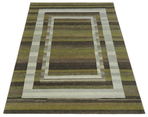 Modern Stripes Design Olive, Charcoal, Ivory and Gray Hand loom 5x7 wool Area Rug