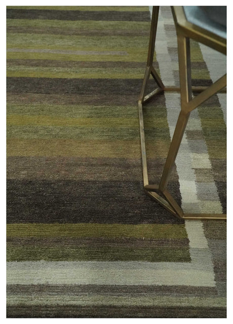 Modern Stripes Design Olive, Charcoal, Ivory and Gray Hand loom 5x7 wool Area Rug