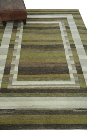 Modern Stripes Design Olive, Charcoal, Ivory and Gray Hand loom 5x7 wool Area Rug