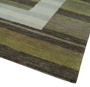 Modern Stripes Design Olive, Charcoal, Ivory and Gray Hand loom 5x7 wool Area Rug