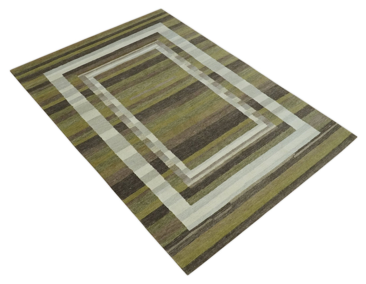 Modern Stripes Design Olive, Charcoal, Ivory and Gray Hand loom 5x7 wool Area Rug