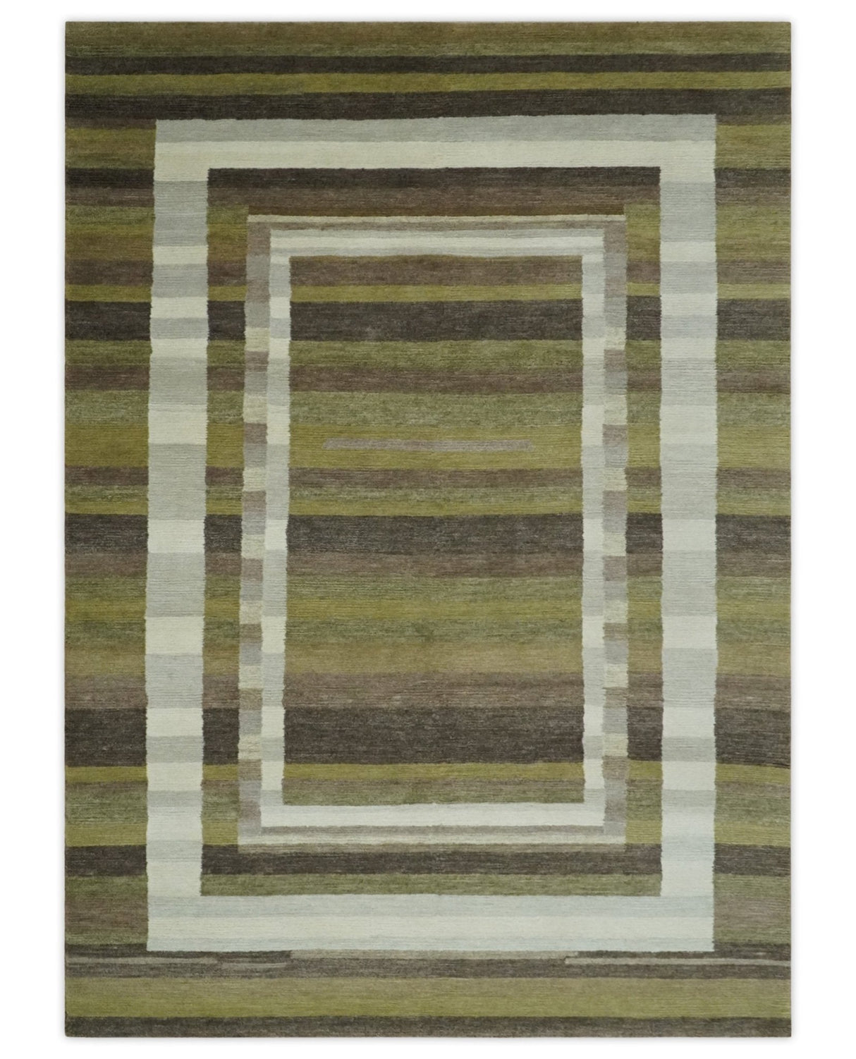 Modern Stripes Design Olive, Charcoal, Ivory and Gray Hand loom 5x7 wool Area Rug