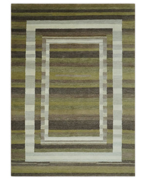 Modern Stripes Design Olive, Charcoal, Ivory and Gray Hand loom 5x7 wool Area Rug