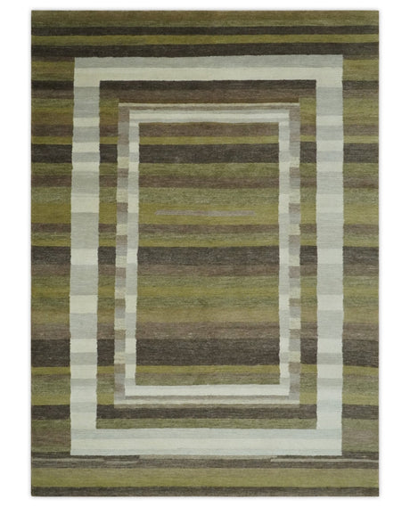 Modern Stripes Design Olive, Charcoal, Ivory and Gray Hand loom 5x7 wool Area Rug