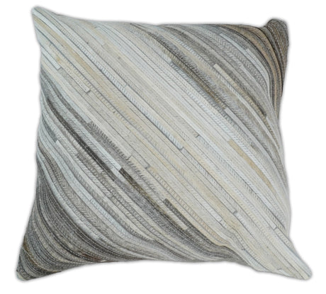 Modern Stripes Ivory and Gray Genuine Leather Accent Pillow, Cushion | PL17