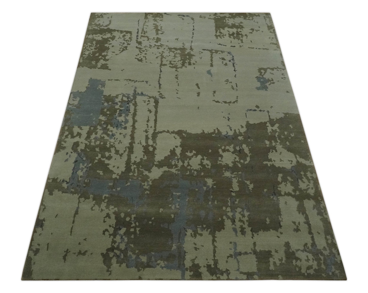 Modern abstract Beige, Olive and Gray 6x9 Hand Knotted Wool and Art Silk Area Rug
