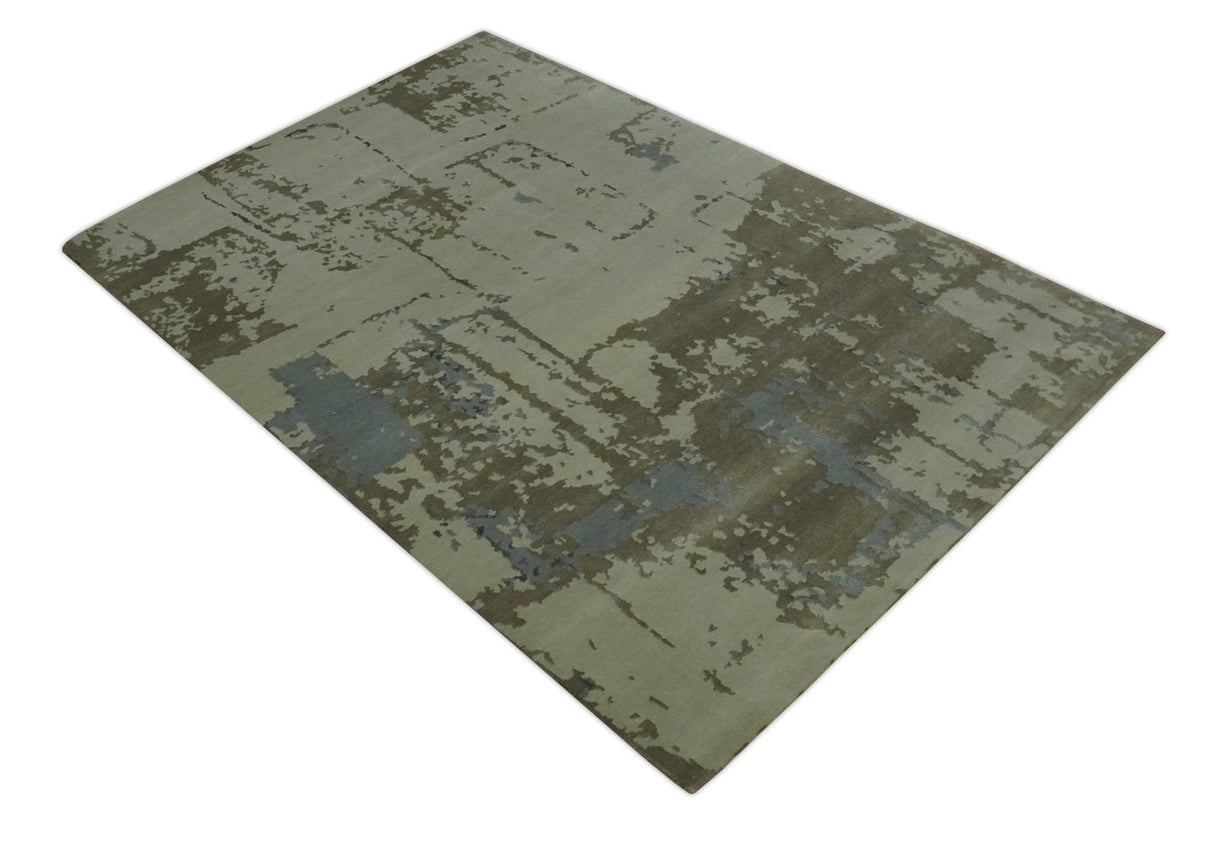 Modern abstract Beige, Olive and Gray 6x9 Hand Knotted Wool and Art Silk Area Rug