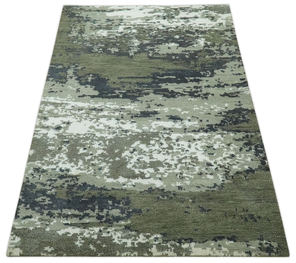 Modern abstract Green, Charcoal, Ivory and silver Hand Knotted 5x8 wool Area Rug