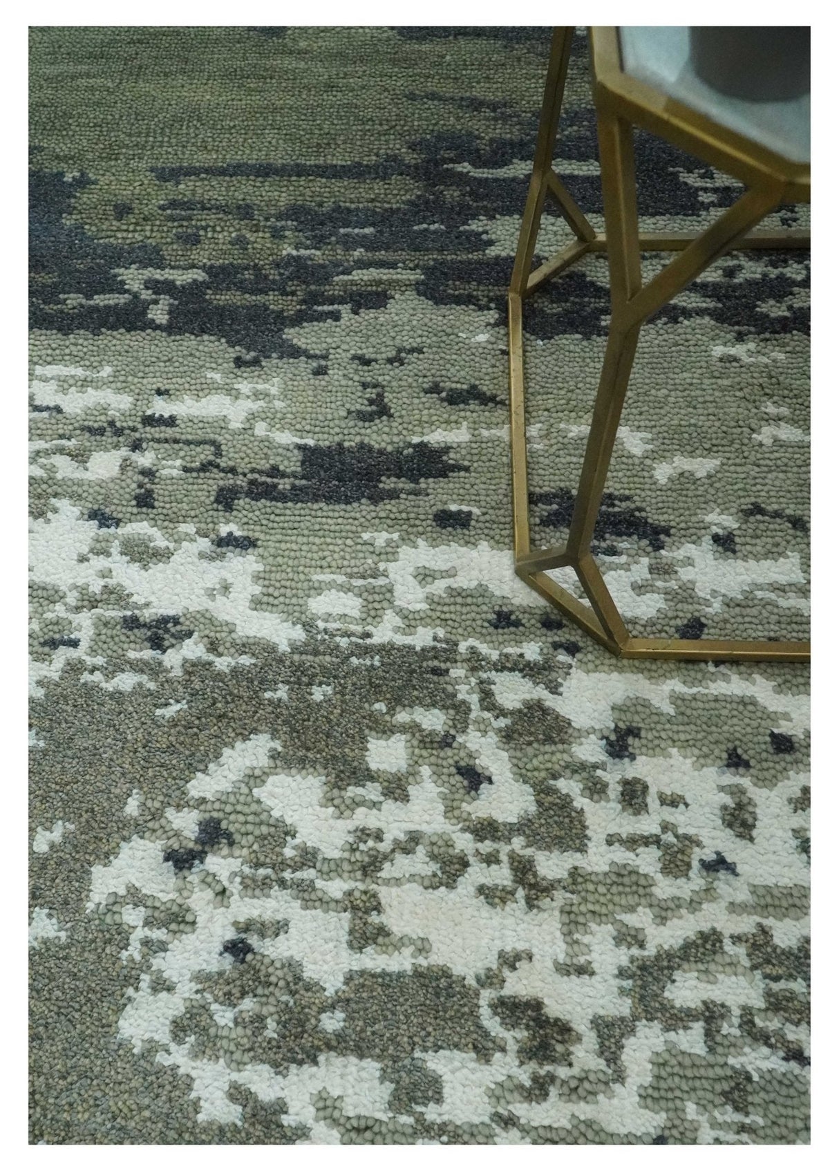 Modern abstract Green, Charcoal, Ivory and silver Hand Knotted 5x8 wool Area Rug