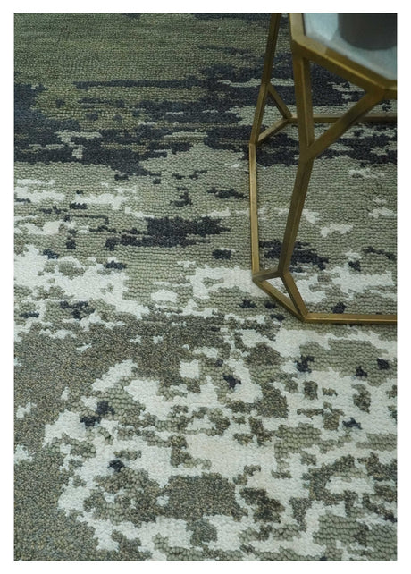 Modern abstract Green, Charcoal, Ivory and silver Hand Knotted 5x8 wool Area Rug