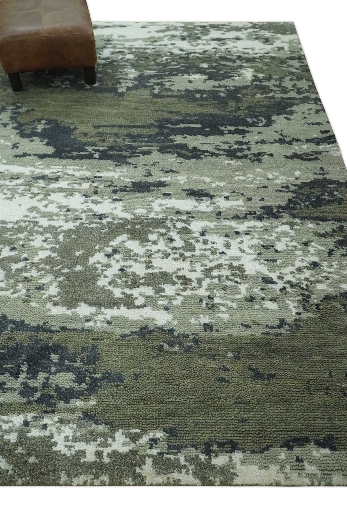 Modern abstract Green, Charcoal, Ivory and silver Hand Knotted 5x8 wool Area Rug