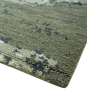 Modern abstract Green, Charcoal, Ivory and silver Hand Knotted 5x8 wool Area Rug
