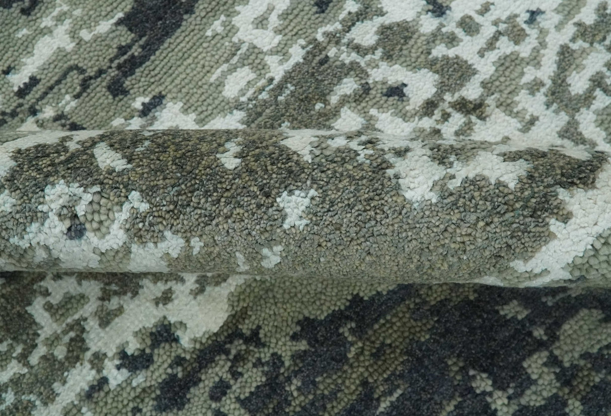 Modern abstract Green, Charcoal, Ivory and silver Hand Knotted 5x8 wool Area Rug