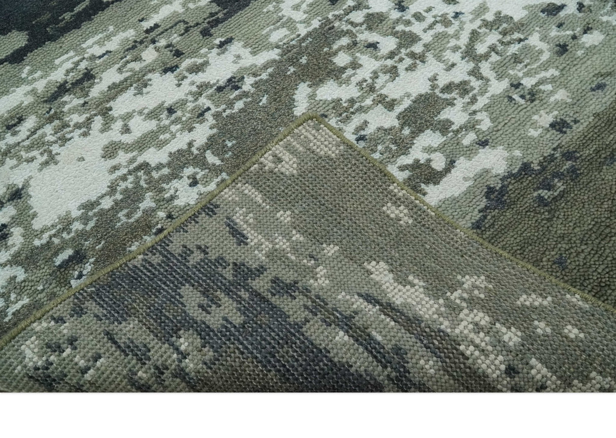 Modern abstract Green, Charcoal, Ivory and silver Hand Knotted 5x8 wool Area Rug