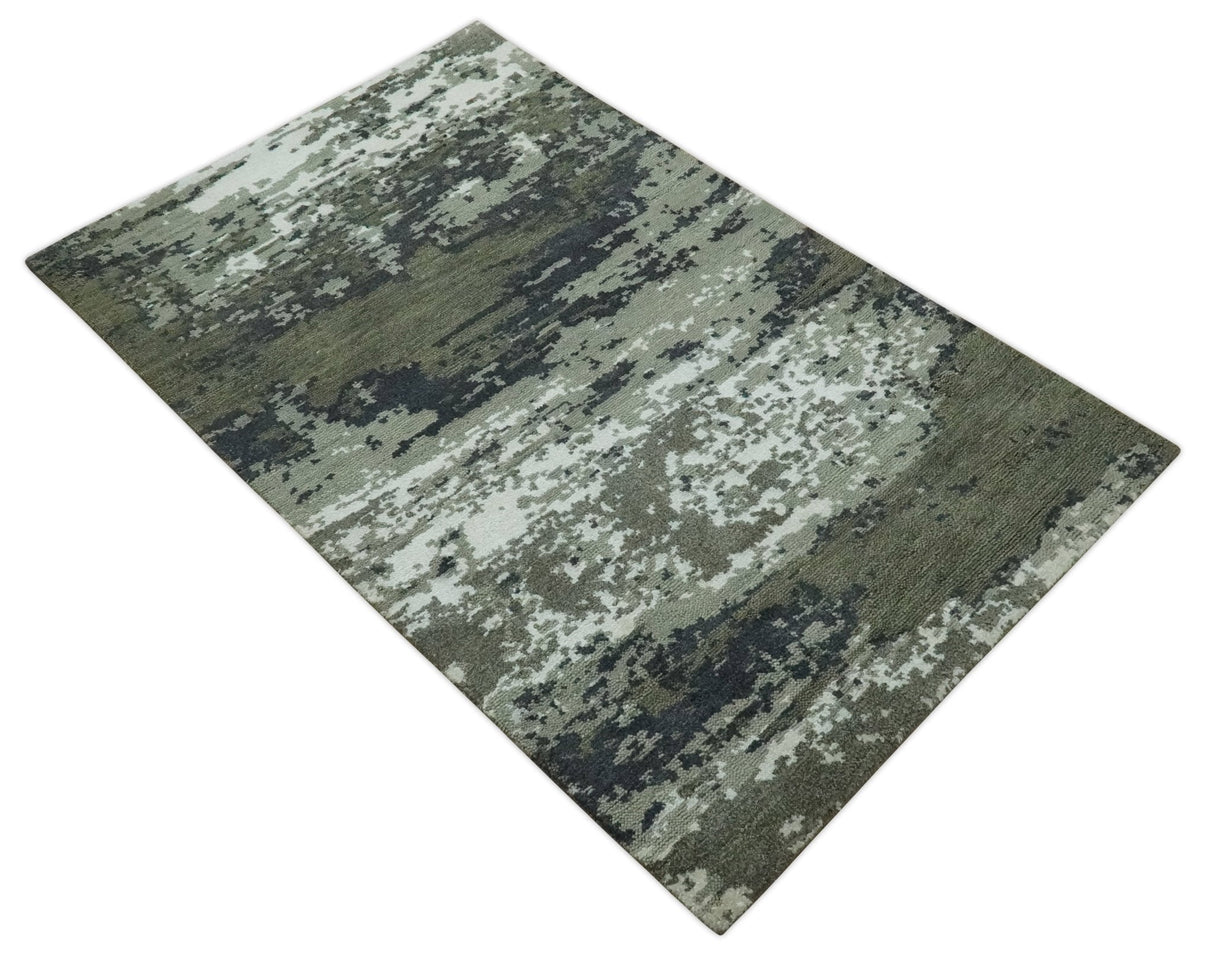 Modern abstract Green, Charcoal, Ivory and silver Hand Knotted 5x8 wool Area Rug
