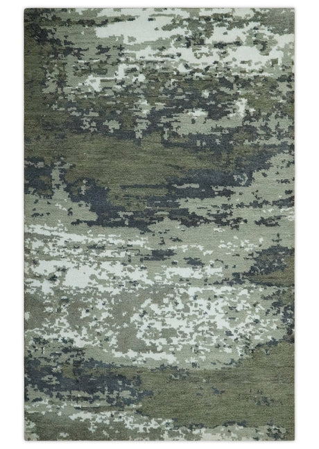 Modern abstract Green, Charcoal, Ivory and silver Hand Knotted 5x8 wool Area Rug