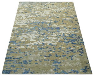 Modern abstract Olive, Ivory, Blue and Silver Hand Knotted 5.6x8 wool Area Rug