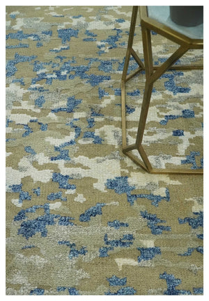 Modern abstract Olive, Ivory, Blue and Silver Hand Knotted 5.6x8 wool Area Rug