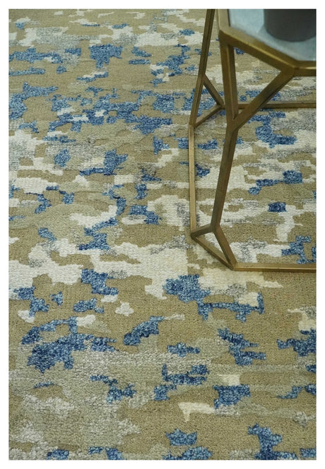 Modern abstract Olive, Ivory, Blue and Silver Hand Knotted 5.6x8 wool Area Rug