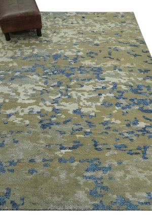 Modern abstract Olive, Ivory, Blue and Silver Hand Knotted 5.6x8 wool Area Rug