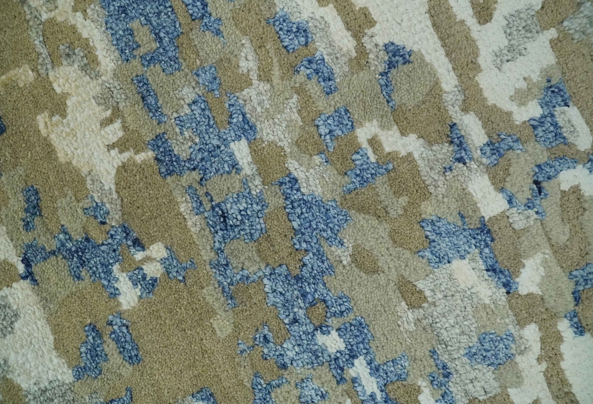 Modern abstract Olive, Ivory, Blue and Silver Hand Knotted 5.6x8 wool Area Rug
