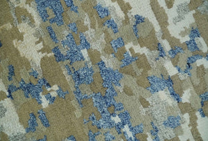 Modern abstract Olive, Ivory, Blue and Silver Hand Knotted 5.6x8 wool Area Rug