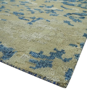 Modern abstract Olive, Ivory, Blue and Silver Hand Knotted 5.6x8 wool Area Rug