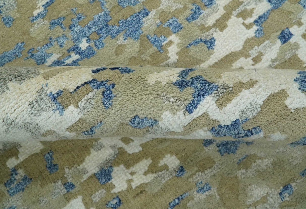 Modern abstract Olive, Ivory, Blue and Silver Hand Knotted 5.6x8 wool Area Rug