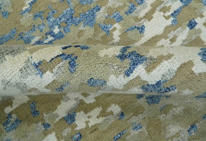 Modern abstract Olive, Ivory, Blue and Silver Hand Knotted 5.6x8 wool Area Rug