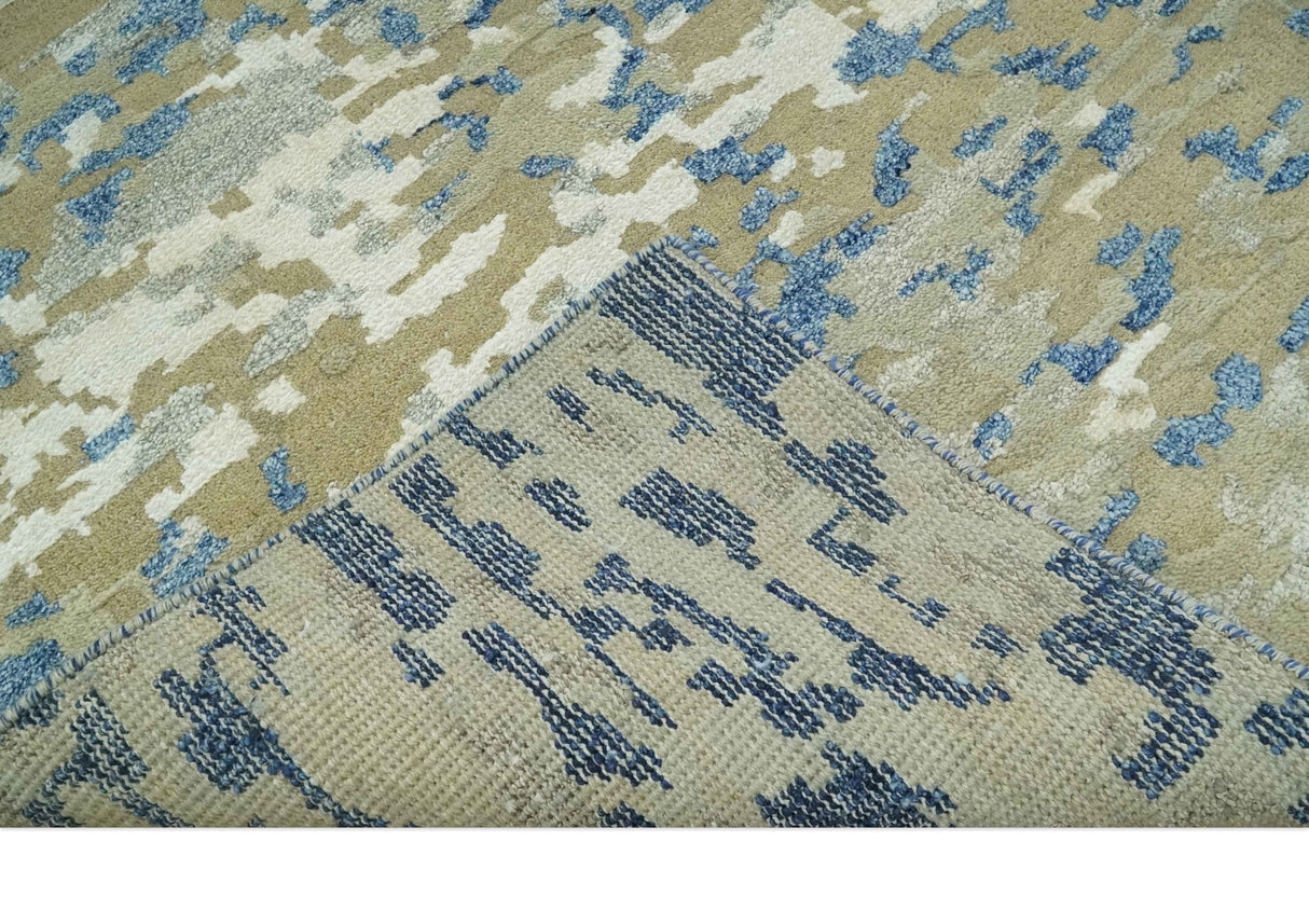 Modern abstract Olive, Ivory, Blue and Silver Hand Knotted 5.6x8 wool Area Rug