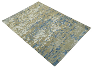 Modern abstract Olive, Ivory, Blue and Silver Hand Knotted 5.6x8 wool Area Rug