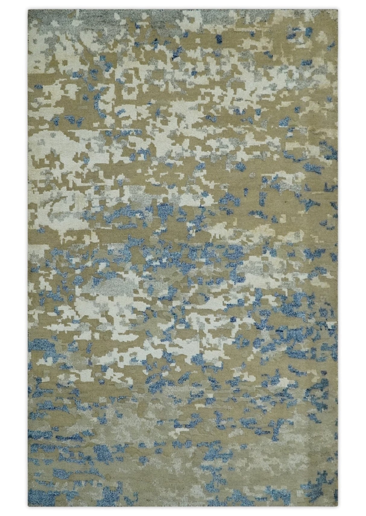 Modern abstract Olive, Ivory, Blue and Silver Hand Knotted 5.6x8 wool Area Rug