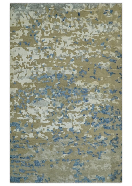 Modern abstract Olive, Ivory, Blue and Silver Hand Knotted 5.6x8 wool Area Rug