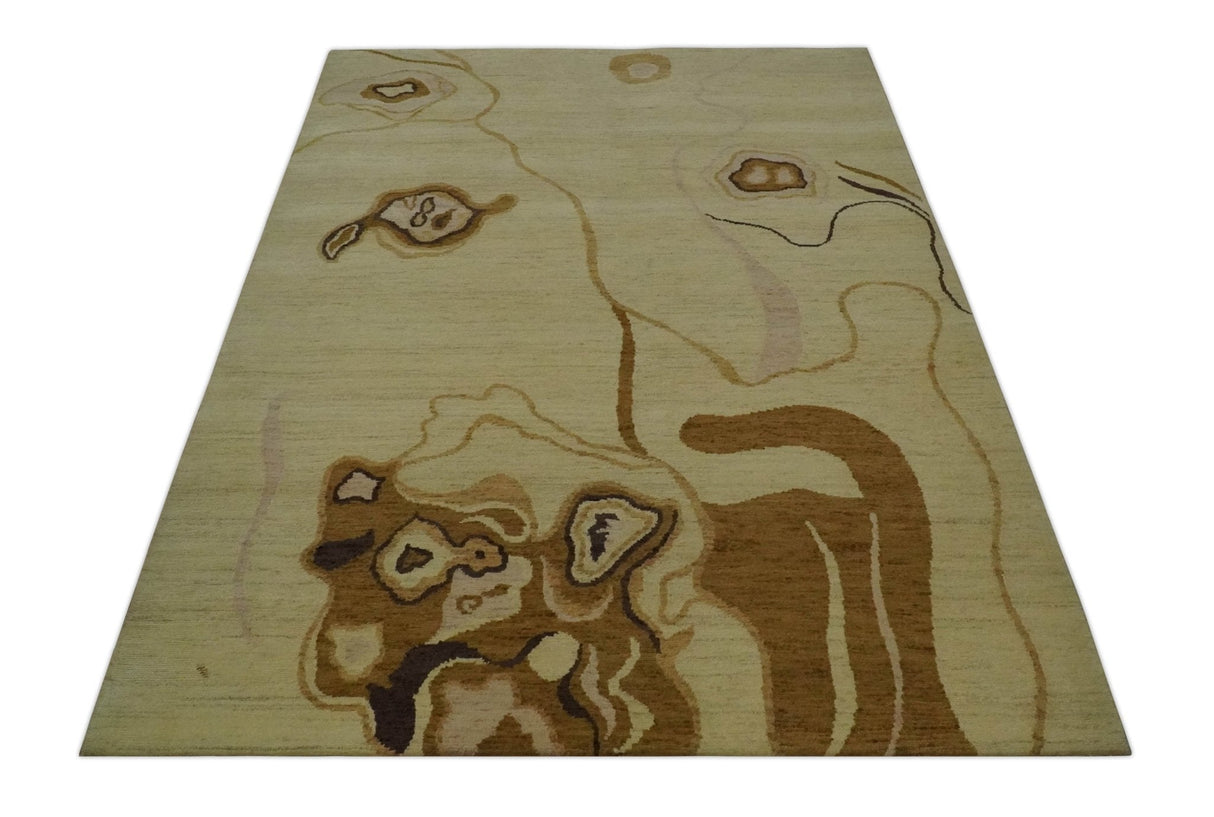 Modern abstract Olive and Brown Hand Knotted 5x8 Wool Area Rug