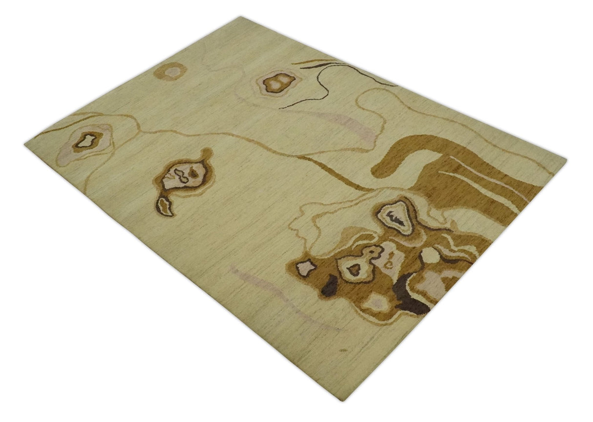 Modern abstract Olive and Brown Hand Knotted 5x8 Wool Area Rug