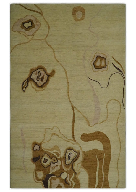 Modern abstract Olive and Brown Hand Knotted 5x8 Wool Area Rug