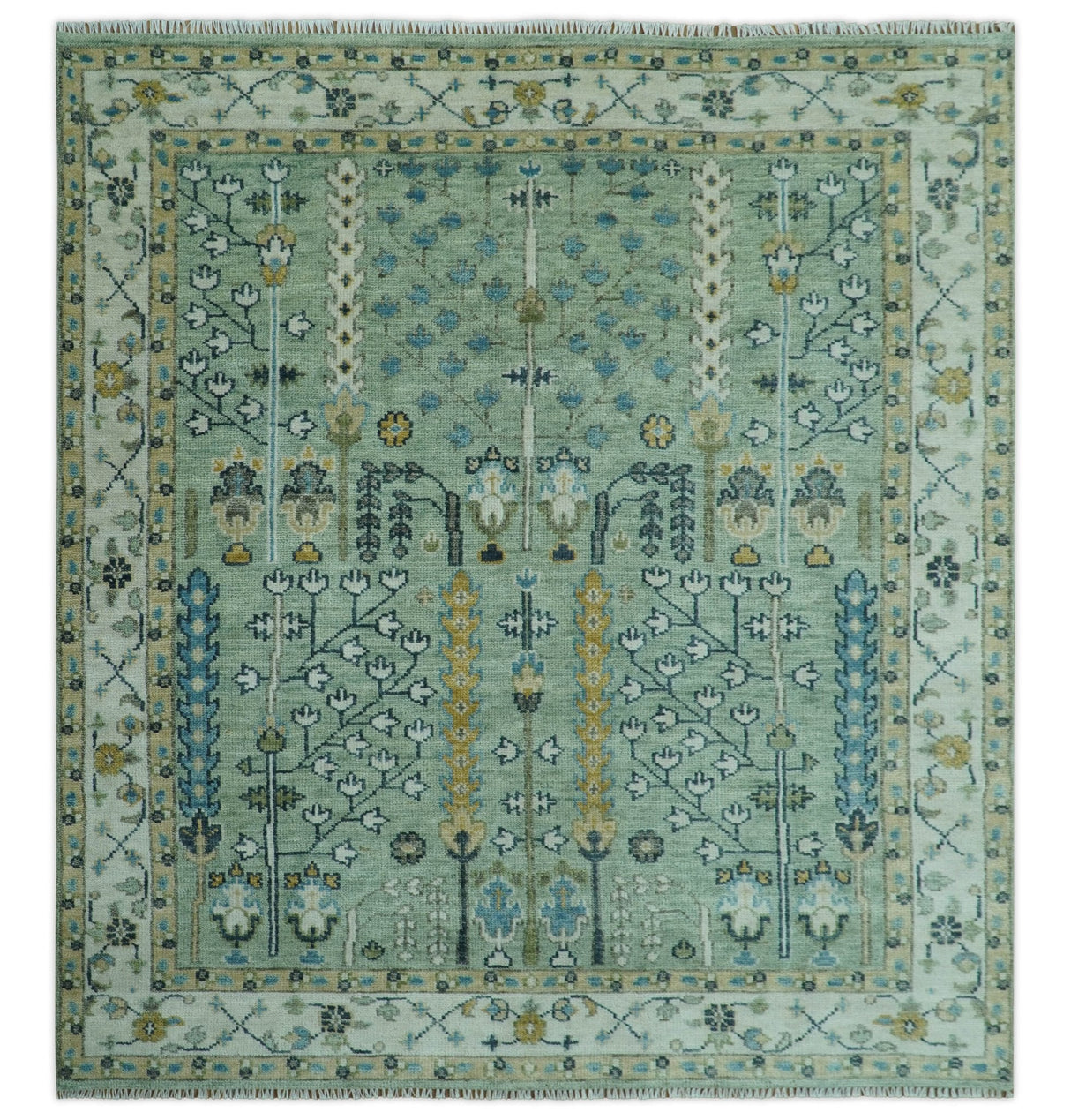 Moss Green and Ivory Multi Size Vintage Wool Hand Knotted Rug