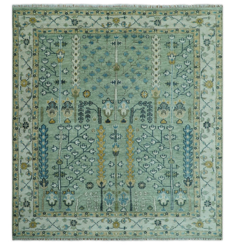 Moss Green and Ivory Multi Size Vintage Wool Hand Knotted Rug