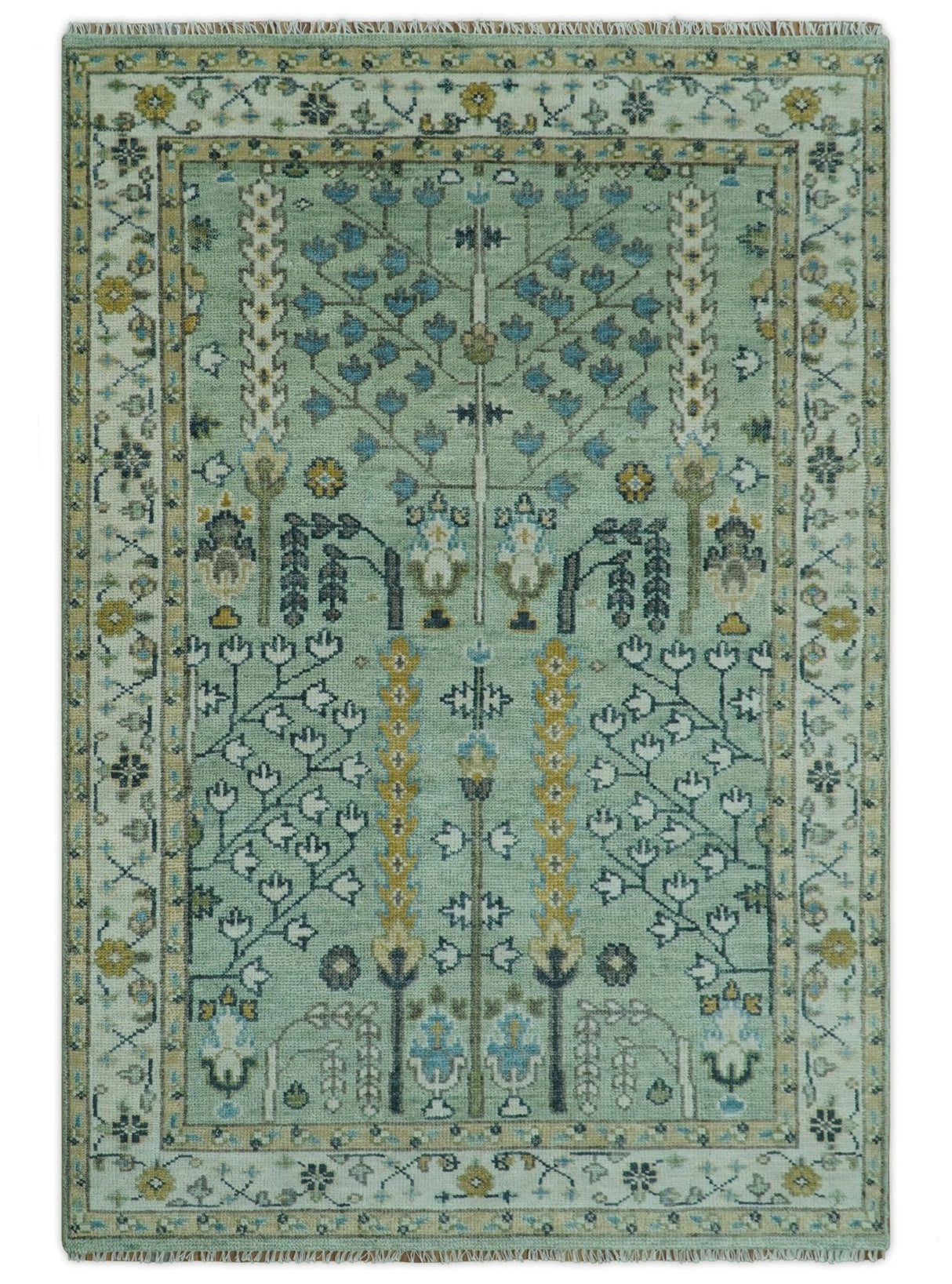 Moss Green and Ivory Multi Size Vintage Wool Hand Knotted Rug
