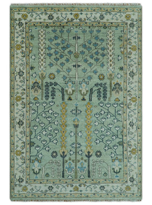 Moss Green and Ivory Multi Size Vintage Wool Hand Knotted Rug