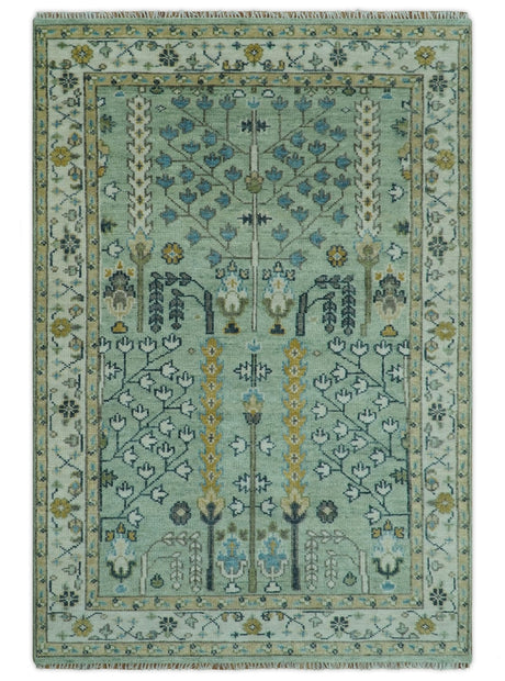 Moss Green and Ivory Multi Size Vintage Wool Hand Knotted Rug