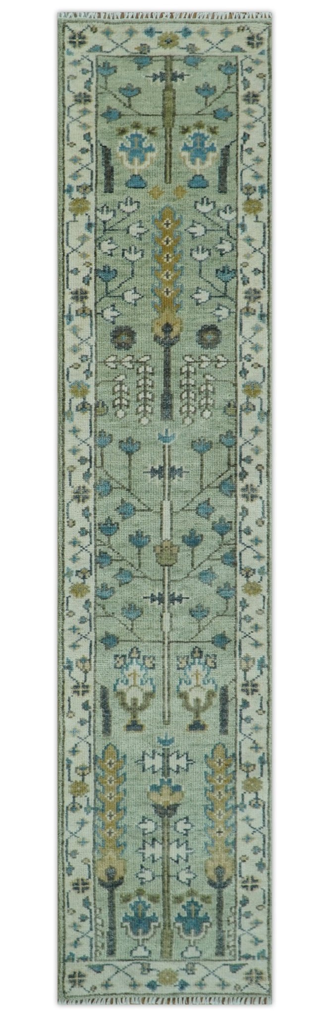 Moss Green and Ivory Multi Size Vintage Wool Hand Knotted Rug