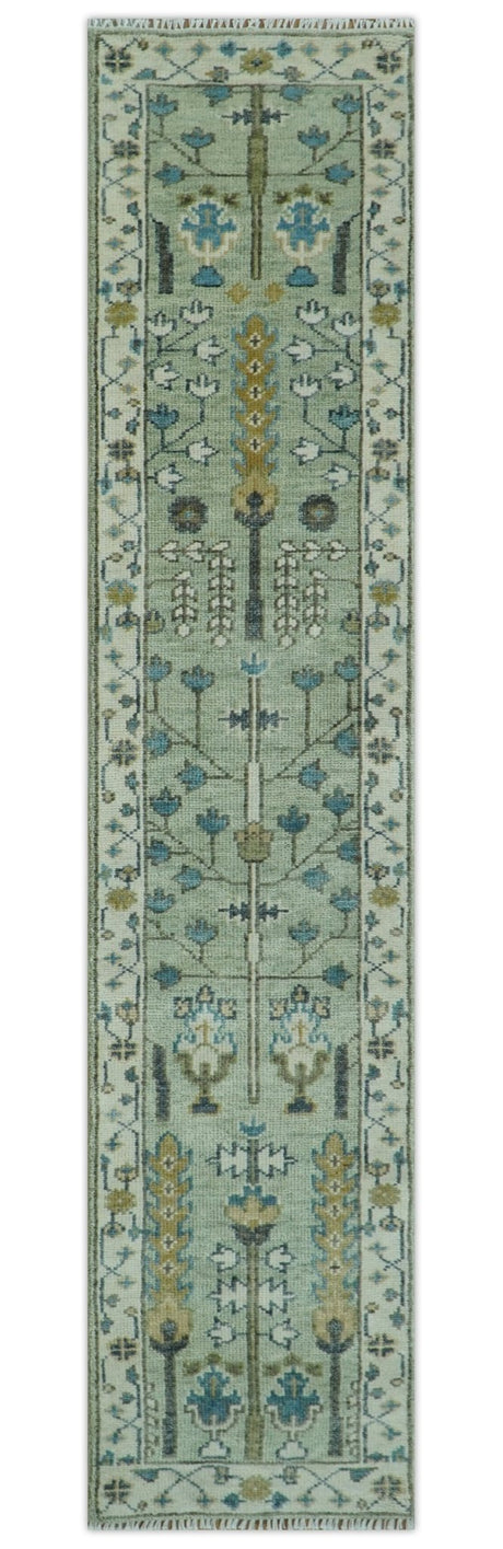 Moss Green and Ivory Multi Size Vintage Wool Hand Knotted Rug