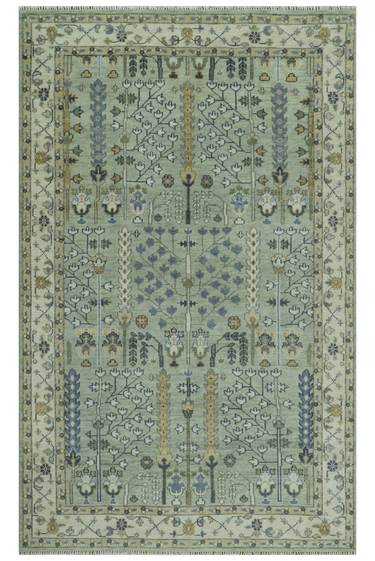 Moss Green and Ivory Multi Size Vintage Wool Hand Knotted Rug