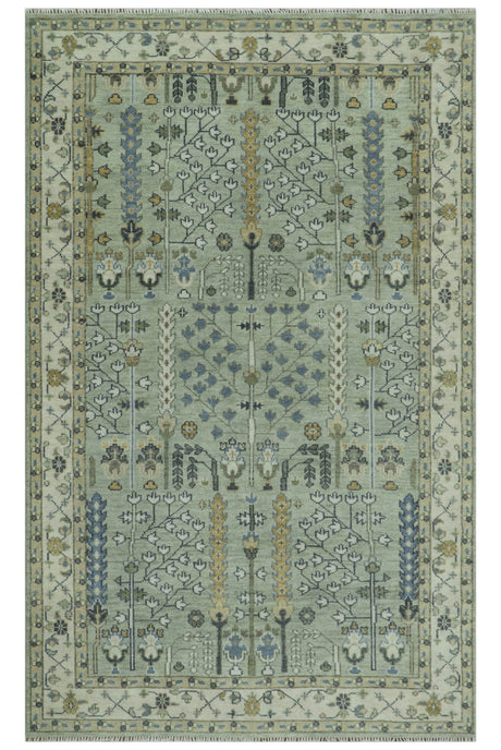 Moss Green and Ivory Multi Size Vintage Wool Hand Knotted Rug