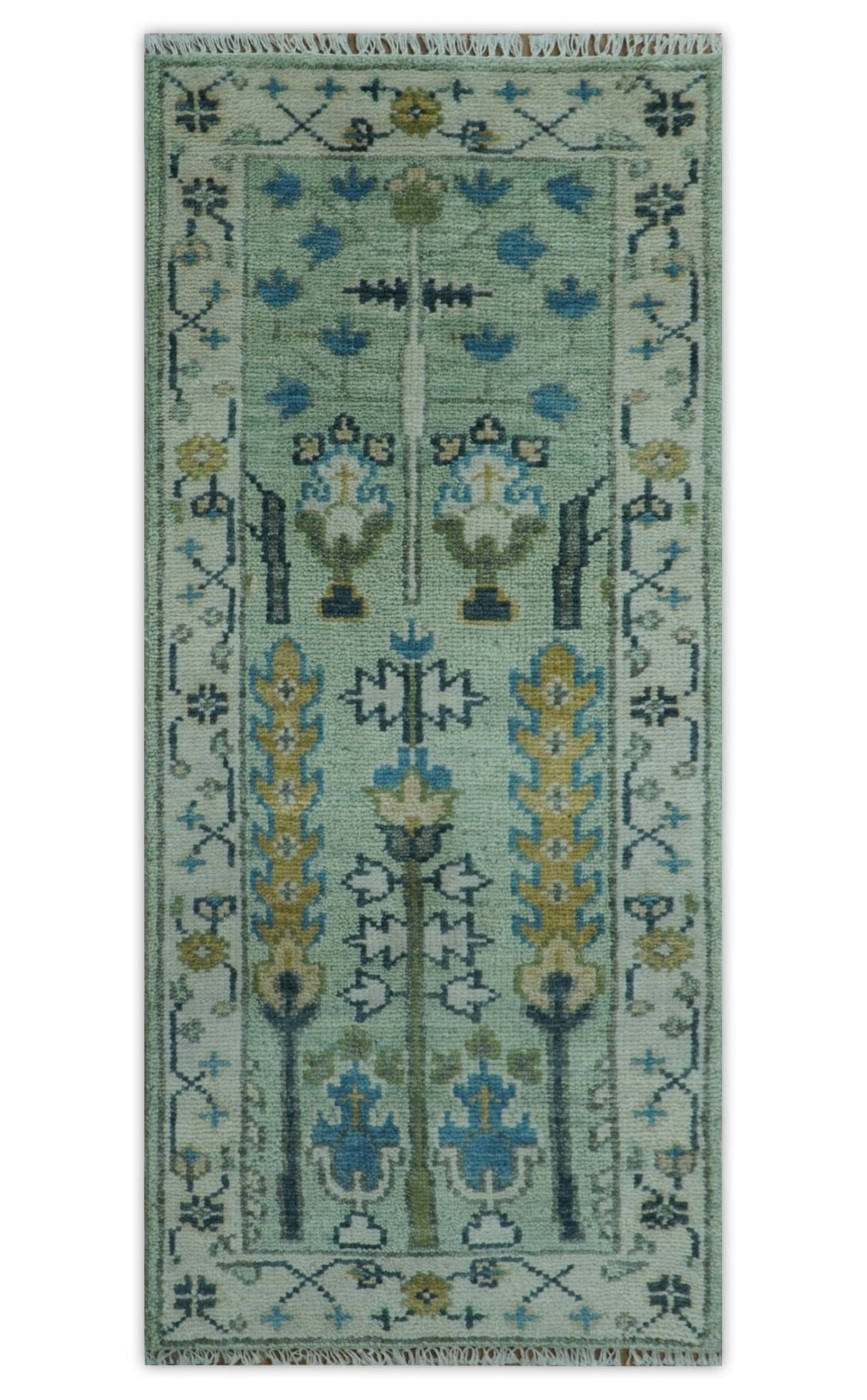 Moss Green and Ivory Multi Size Vintage Wool Hand Knotted Rug