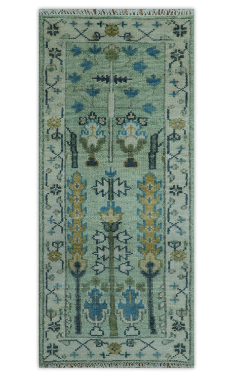 Moss Green and Ivory Multi Size Vintage Wool Hand Knotted Rug