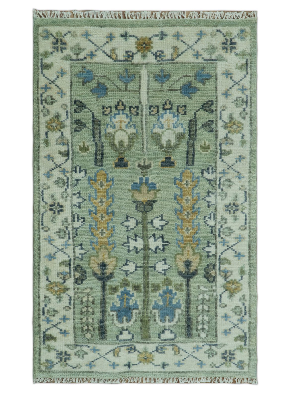 Moss Green and Ivory Multi Size Vintage Wool Hand Knotted Rug